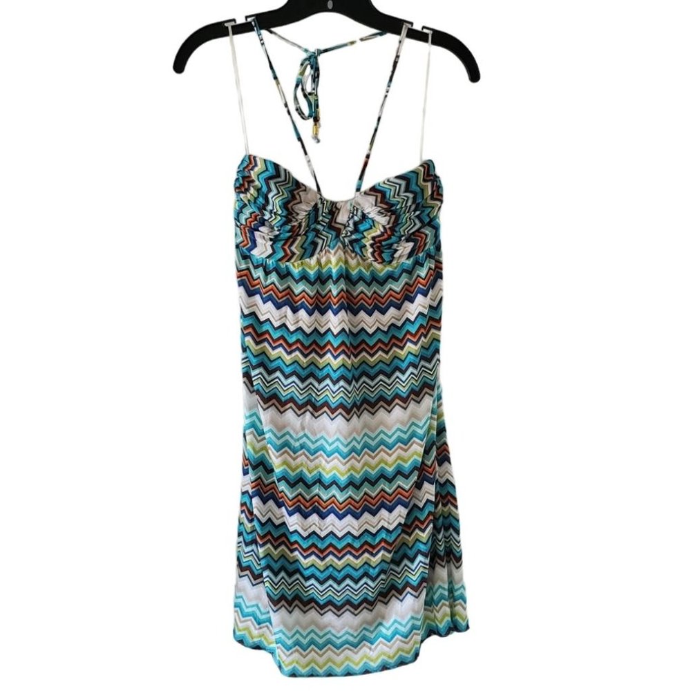 Trina Turk Ruched Sweetheart Halter Midi Dress | EUC | 6 | Blue Tan Multicolor - Picture 7 of 15